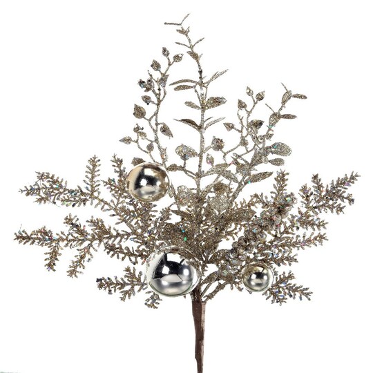 RC Home Decor; 18" Platinum Glittered Smilax, Berry, and Fir Ball Spray – Elegant Christmas Decoration; Category:Christmas Stems; Image:1